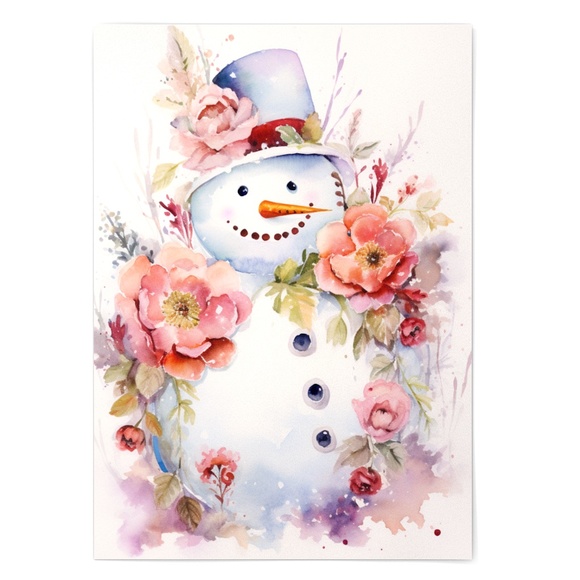 Watercolor Snowman Christmas Theme Wall Art Illustration Print Unframed - Picture 2 of 5
